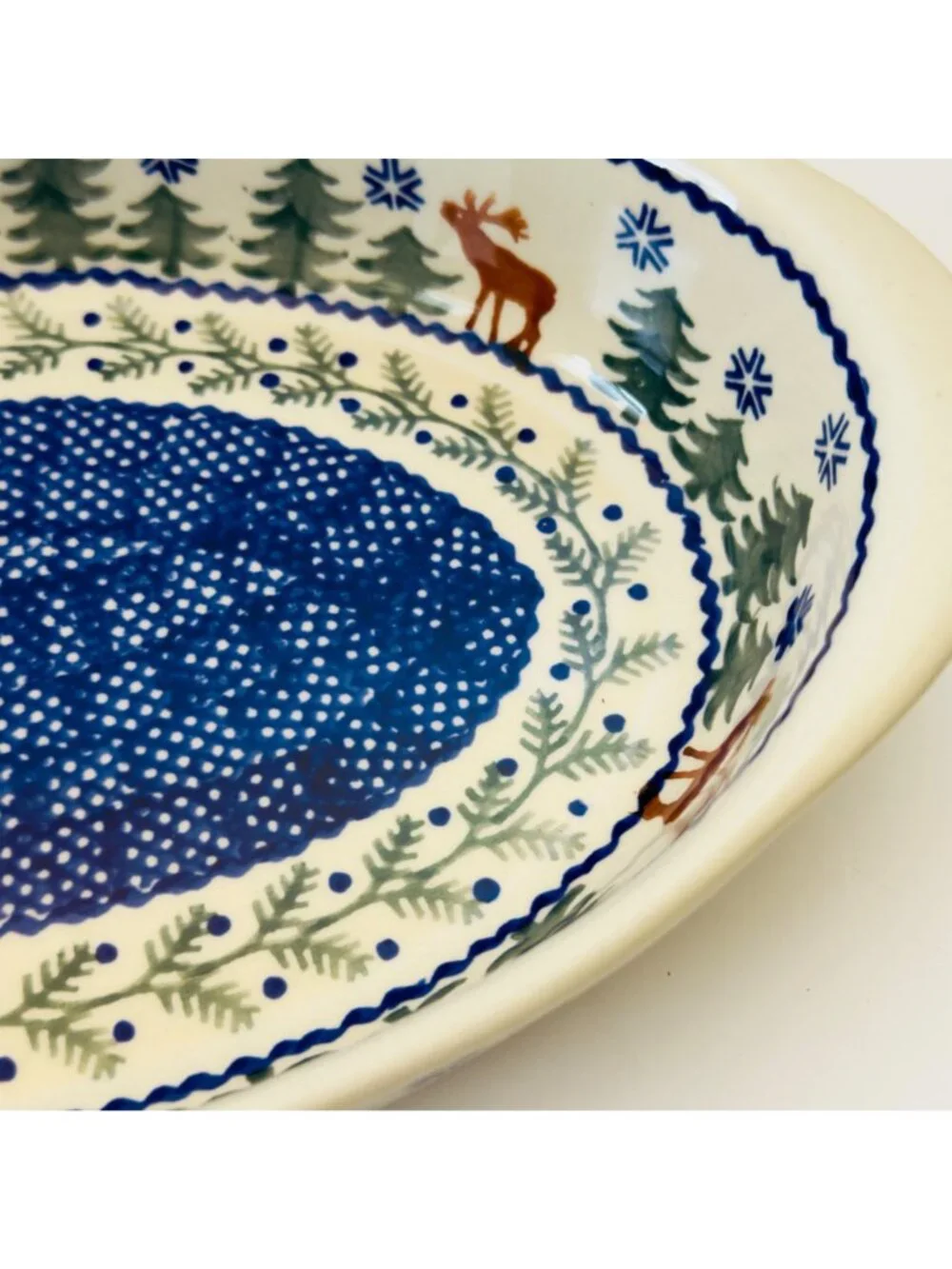 Polish Pottery Oval Baker Casserole Dish Reindeer Evergreen Forest Pine Trees